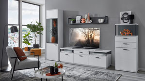 Wohnwand MIVIVO aus Holz in Weiß MIVIVO Wohnmöbel Juno - Wohnwand Weiß & Grau - vierteilig, Breite ca. 320 cm