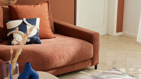 Bigsofa Roomio® aus Stoff in Orange Roomio® No. 4103 - Bigsofa rostfarbener Cord & Metallfüße 1116 MFSM - Länge ca.  274 cm