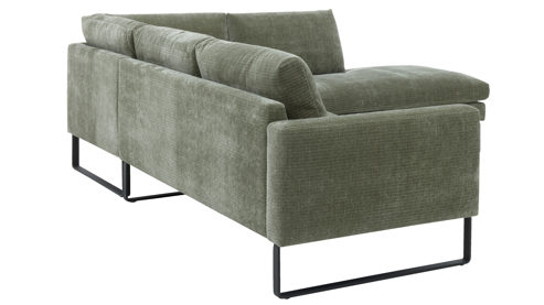 Ecksofa Roomio® aus Stoff in Grün Roomio® No. 4105 - Ecksofa schildkrötenfarbener Bezug Monty & schwarze Kufenfüße 256 MK - Stellfläche ca. 278 x 221 cm