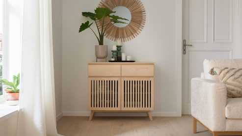 Sideboard Roomio® aus Holz in Holzfarben Roomio No. 2000 - Sideboard für Stauraum weiß gewaschene Esche - zwei Türen, zwei Schubladen, Länge ca. 90 cm