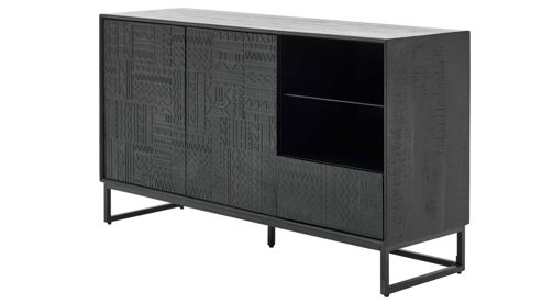 Vitrine Roomio® aus Holz in Schwarz Roomio No. 2001 - Sideboard schwarzes Mangoholz - zwei Türen, eine Schublade, Länge ca. 140 cm