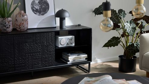 Lowboard Roomio® aus Holz in Schwarz Roomio No. 2001 - Lowboard schwarzes Mangoholz - zwei Türen, Länge ca. 160 cm