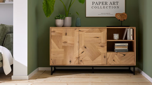 Sideboard Roomio® aus Holz in Holzfarben Roomio No. 2002 - Sideboard Eiche & schwarzes Metall - zwei Türen, eine Schublade, Länge ca. 140 cm