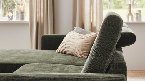 Ecksofa modulmaster aus Stoff in Grün Modulmaster Serie MM-ZE1195 - Ecksofa olivgrünes Flachgewebe Maranta & schwarze Metallfüße – Stellfläche ca. 191 x 305 cm