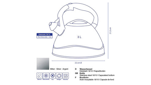 Wasserkessel Kela | keck & lang aus Metall in Edelstahl Wasserkessel Edelstahl & Schwarz - ca. 22 x 22 cm