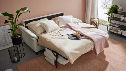 Schlafsofa Interliving aus Stoff in Weiß Interliving Schlafsofa Serie 4700 - Schlafsofa 140LÄ naturweißes Flachgewebe Cyber & schwarze Aluminiumfüße - Breite ca. 208 cm