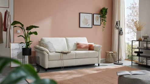 Schlafsofa Interliving aus Stoff in Weiß Interliving Schlafsofa Serie 4700 - Schlafsofa naturweißes Flachgewebe Cyber & schwarze Aluminiumfüße - Breite ca. 228 cm