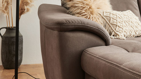 Ecksofa modulmaster aus Stoff in Braun Modulmaster MM-PP1188 - Wohnlandschaft nougatbraune Mikrofaser Mammut & geölte Wildeiche - Stellfläche ca. 243 x 341 cm