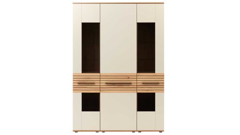 Vitrine Interliving aus Holz in Beige Interliving Wohnzimmer Serie 2032 - Vitrine Sandbeige & Risseiche - dreiteilig, Länge ca. 150 cm