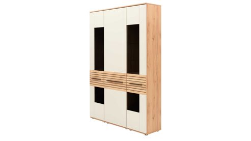 Vitrine Interliving aus Holz in Beige Interliving Wohnzimmer Serie 2032 - Vitrine A15040 Sandbeige & Risseiche - dreiteilig, Länge ca. 150 cm