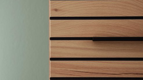 Vitrine Interliving aus Holz in Beige Interliving Wohnzimmer Serie 2032 - Vitrine A15040 Sandbeige & Risseiche - dreiteilig, Länge ca. 150 cm