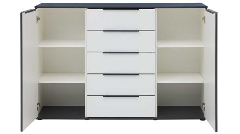 Kombikommode Interliving aus Holz in Hellgrau Interliving Schlafzimmer Serie 1210 – Kommode 670063 Seidengrau & Basalt - zwei Türen, fünf Schubladen, Breite ca. 151 cm