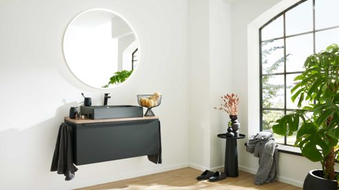 Badmöbel-Set Interliving aus Holz in Schwarz Interliving Bad Serie 7340 - Waschtischkombination Mattschwarz & Vikings Oak – Breite ca. 100 cm