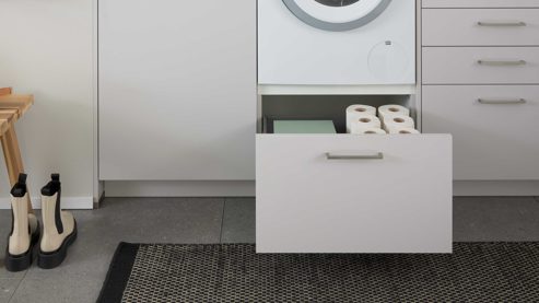 Systemküche culineo® aus Holz in Hellgrau Culineo® Hauswirtschaftsraum C615 mit Edelstahlbecken Seidengrau & Eiche Como - Stellfläche ca. 328 x 187 cm