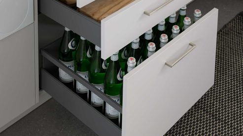 Systemküche culineo® aus Holz in Hellgrau Culineo® Hauswirtschaftsraum C615 mit Edelstahlbecken Seidengrau & Eiche Como - Stellfläche ca. 328 x 187 cm