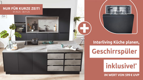 Einbauküche Interliving aus Holz in Schwarz Interliving Küche Serie 3047 mit SIEMENS Einbaugeräten Schwarz & Beton  – zweizeilig