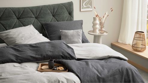 Bettwäsche-Set Interliving aus Stoff in Anthrazit Interliving Bettwäsche Serie 9118 - Biberbettwäsche mit zwei Kopfkissenbezügen Anthrazit & Hellgrau - ca. 80 x 80 cm und ca. 200 x 200 cm