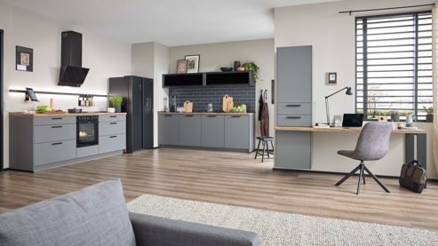 Einbauküche culineo® aus Holz in Dunkelgrau Culineo® Einbauküche C357 mit Homeoffice-Platz Schiefergrau & Schwarzglas - dreizeilig