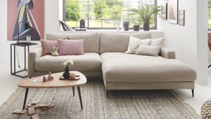 Ecksofa SOFAkultur aus Stoff in Beige SOFAkultur Programm SK 711 - Ecksofa sandfarbener Feincord & schwarze Metallfüße - Stellfläche ca. 272 x 190 cm